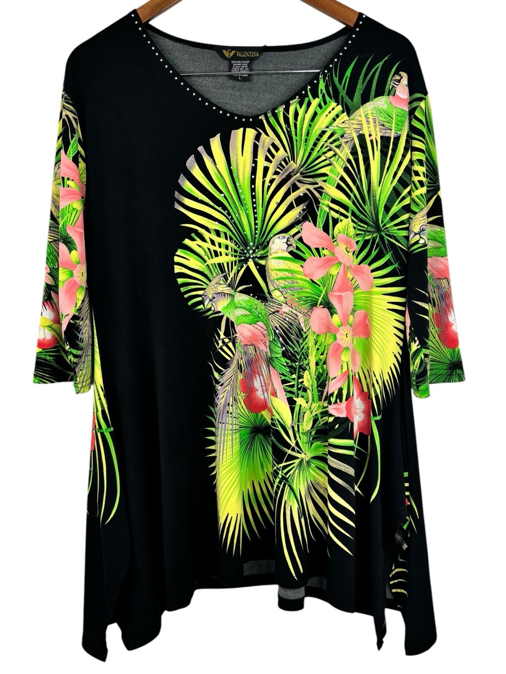 Valentina Black With Vibrant Tropical Palm F& Bird Rhinestone Accent 3/4 Sleeve